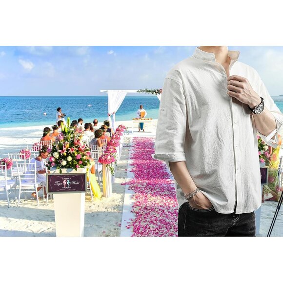 Nopuper Men's Beach Linen Shirts Casual Button Down Shirts Short Sleeve - Picture 5 of 7